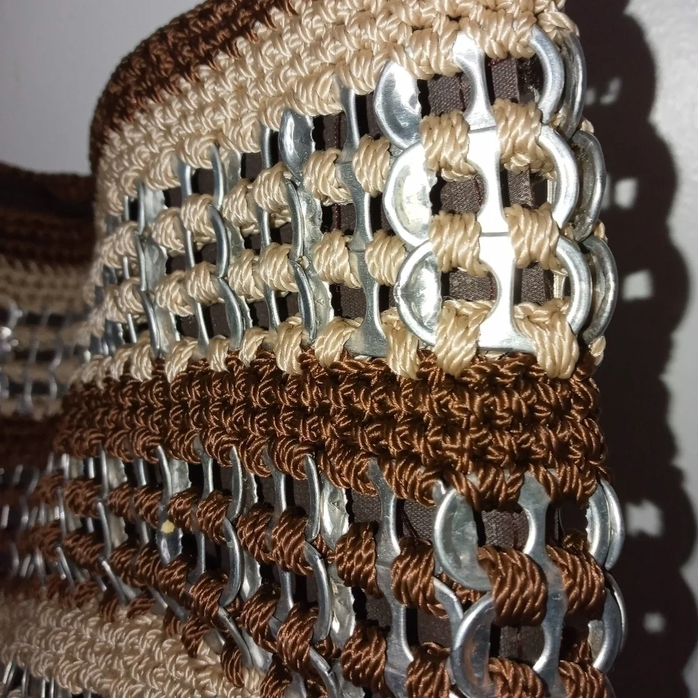 Handmade Crochet Hobo Bag made with Silver Flip top Soda can Tabs.Brown Beige
